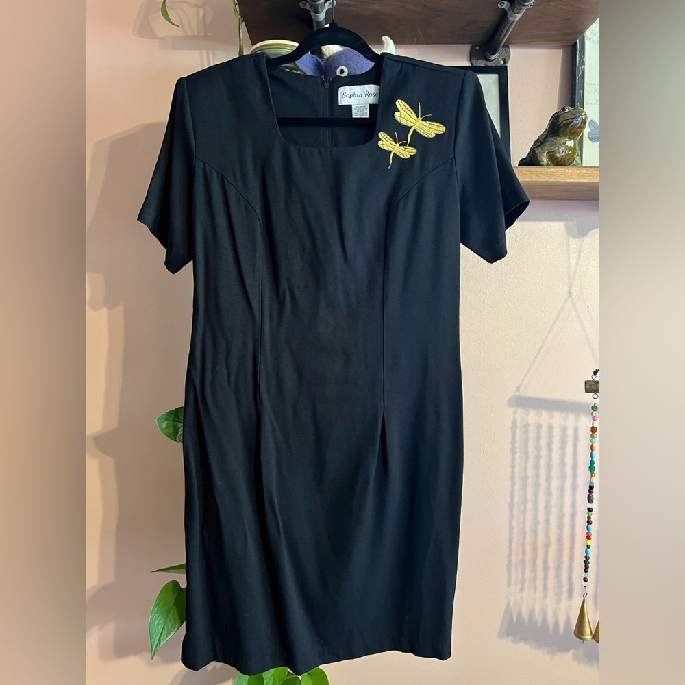 Vintage Black Dress with Gold Embroidery Dragonflies